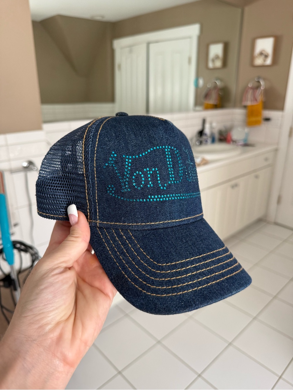 Von Dutch Denim Rhinestone Trucker Hat